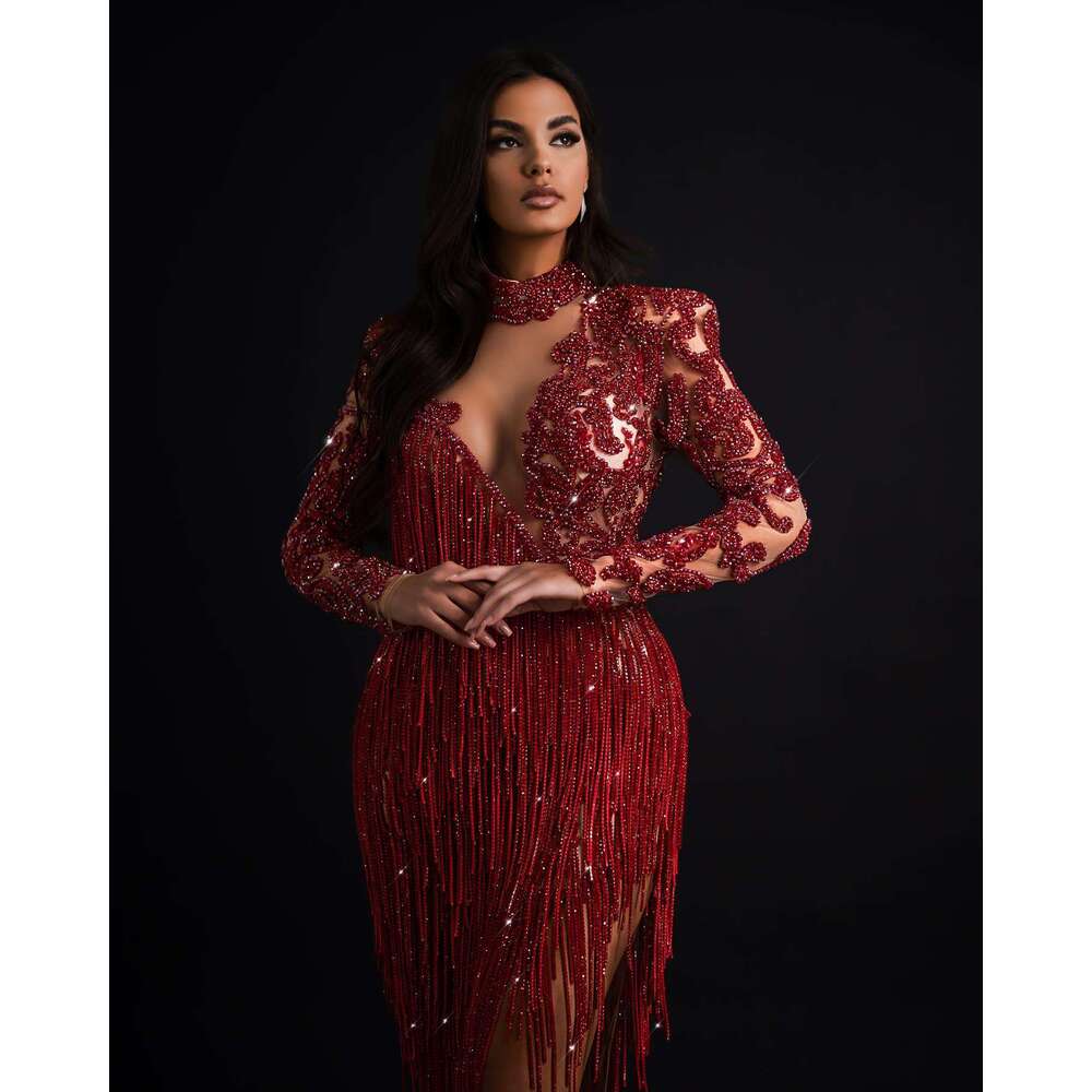 Red Mermaid Evening Long Sleeves V Neck Sequins Appliques 3D Lace Halter Side Slit Beads Tassel Plus Size Prom Dresses