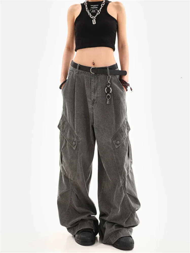 Womens Multi Pocket Splicing Unisex Pants Retro Street Wide Leg Girl Bottom Womens High Waist Bag Trouser 241023