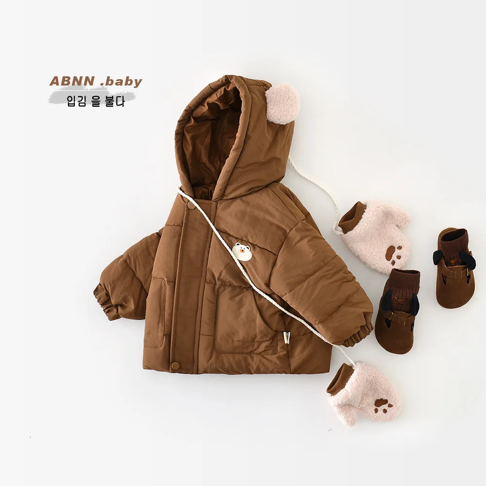 Korean Winter Preschool Boys Park Cotton Apron Hoodie Solid Cartoon Baby Boys Jacket with Scarf Childrens Boys Jacket 241024