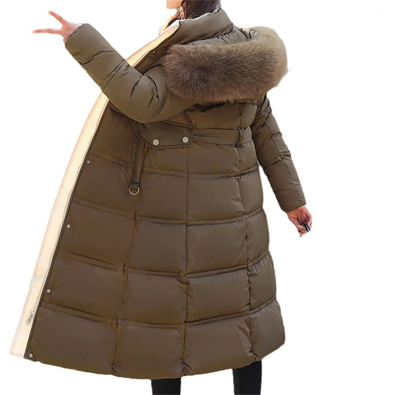Womens long winter inflatable jacket with belt maximum down jacket fur collar detachable hooded park winter thick warm snow coat 241023