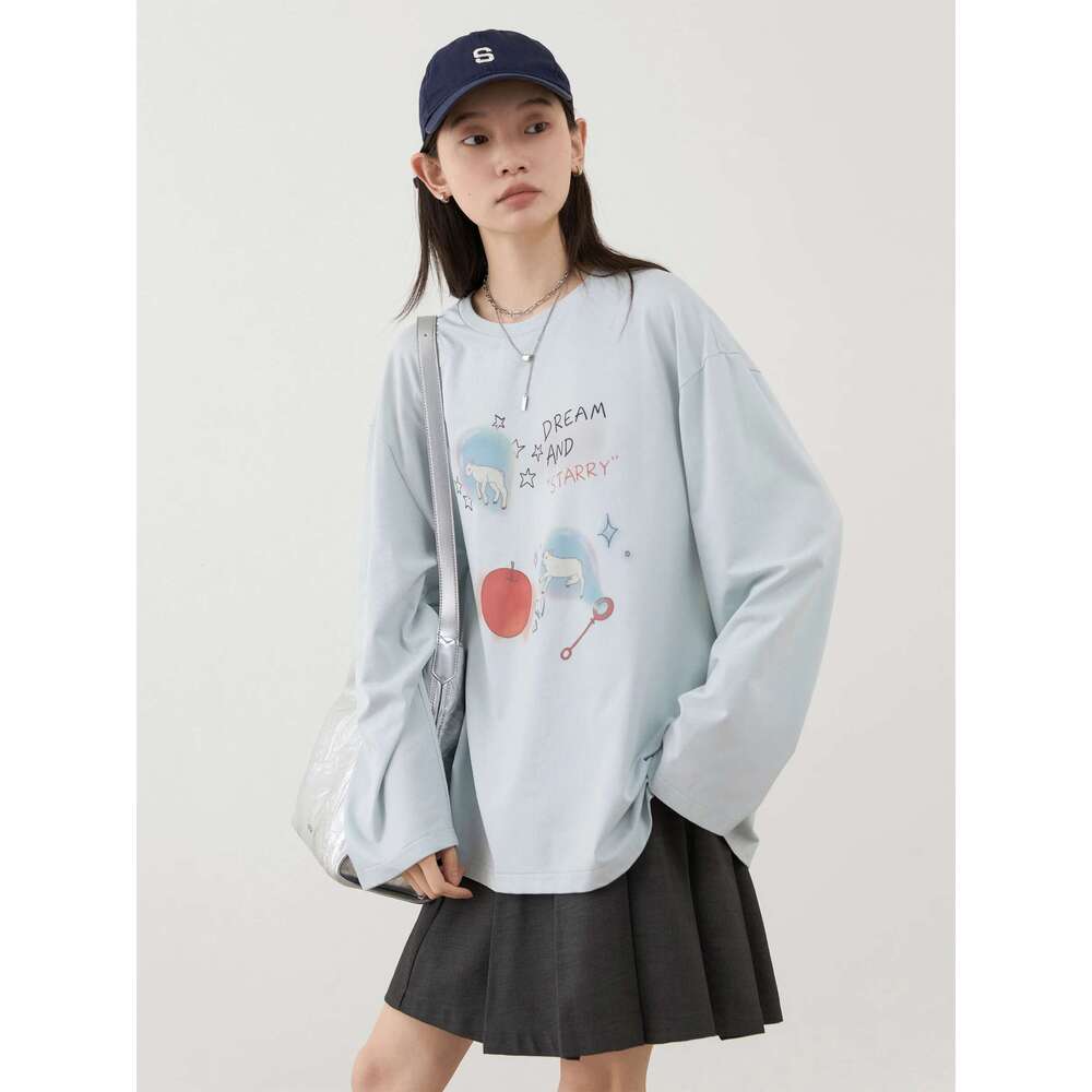 CHIC VEN Women T-Shirts Loose Long Sleeve Cartoon Design Round Neck Lamb Print Female Tees Woman Top Spring Autumn 2024