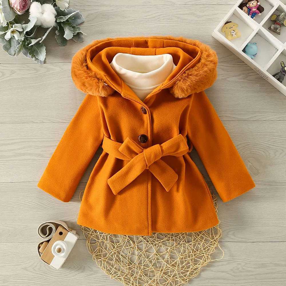 Autumn and winter new girl big wool collar hooded wool coat childrens cute solid bow wool coat W241023