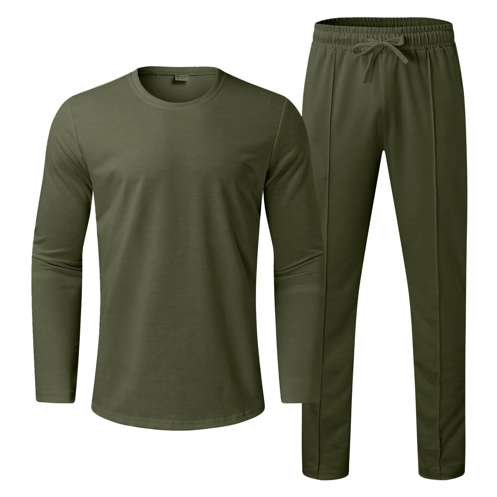 Mens casual solid two-piece set round neck long sleeves top clothing sportswear sportswear 241024