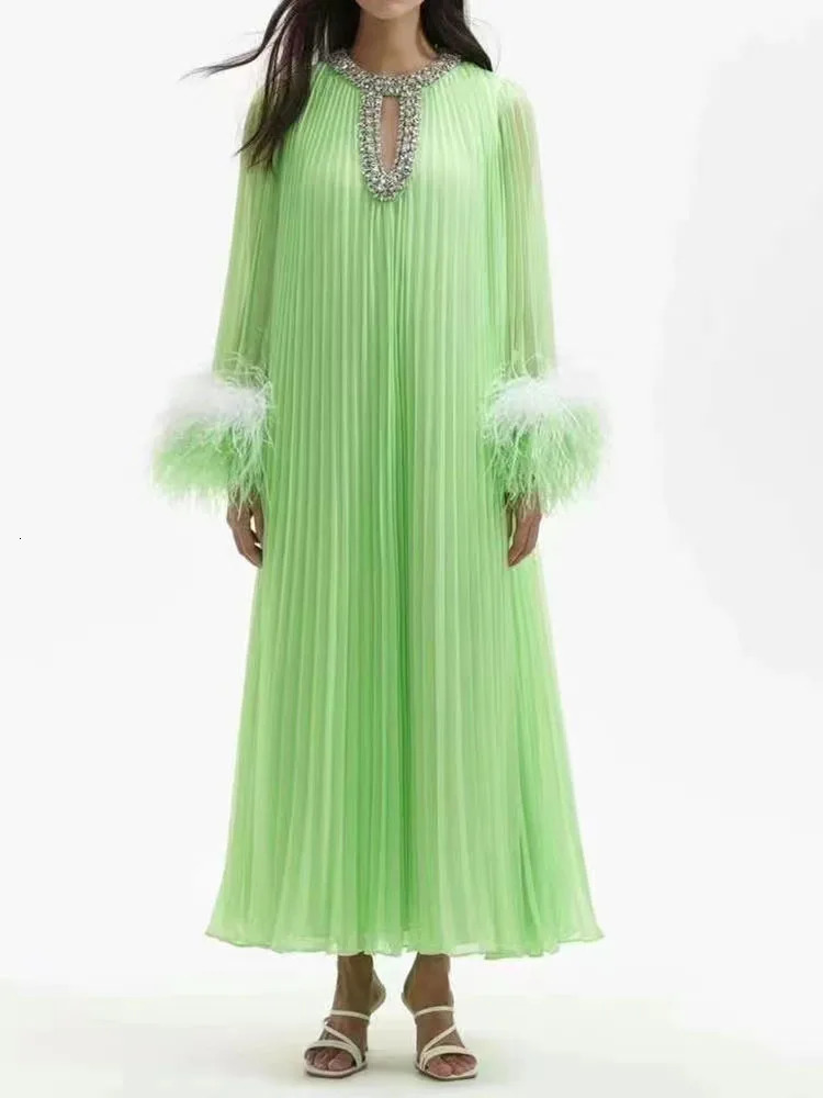 IEQJ pleated feather diamond patchwork womens long sleeved loose elegant dress clothing 36A2956 241024