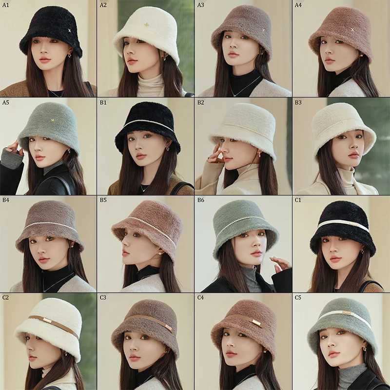 Elegant pearl bucket hat plain color fisherman INS hat autumn and winter fur wool cute outdoor warm Panama hat for ladies X241023