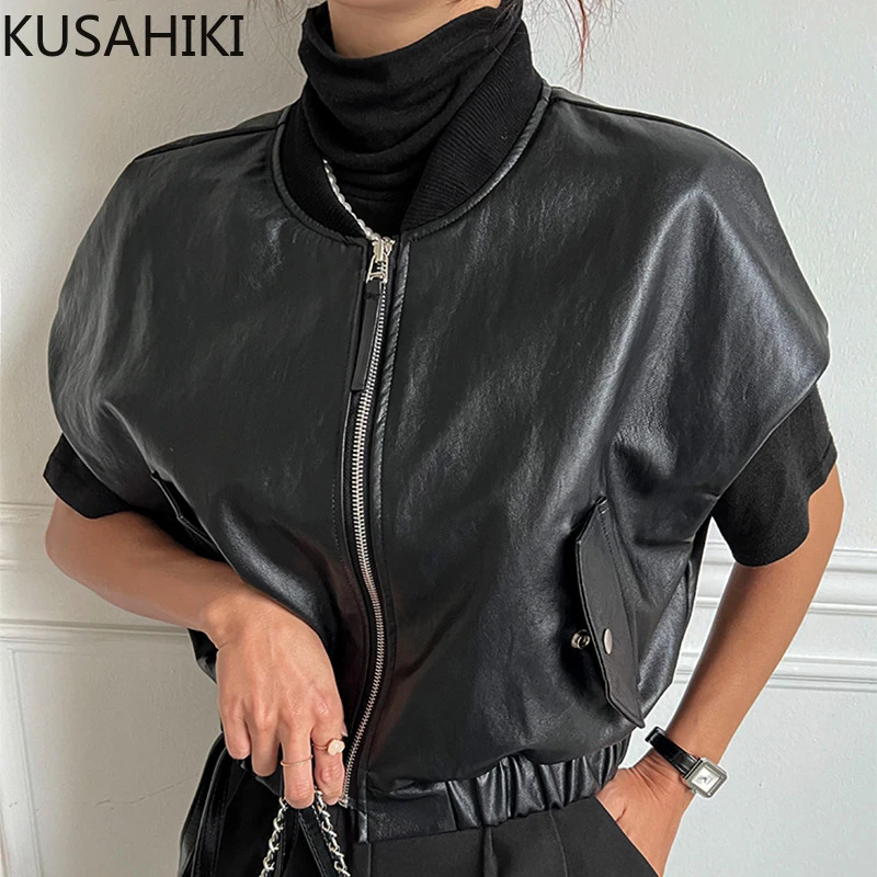 KUSAHIKI Vintage Zipper O-Neck Leather Waistcoat Causal Sleeveless Vest Korean Chic Autumn Elegant PU Jacket Vests