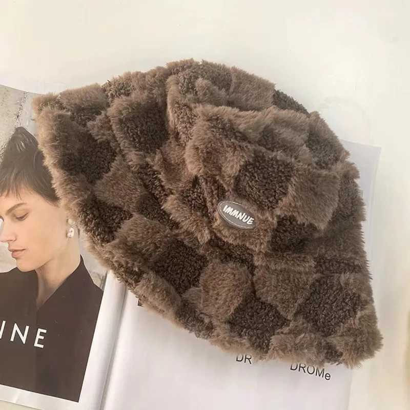 Cashmere plaid fisherman hat thick and warm windproof basin hat with a small bucket hat on the face X241023