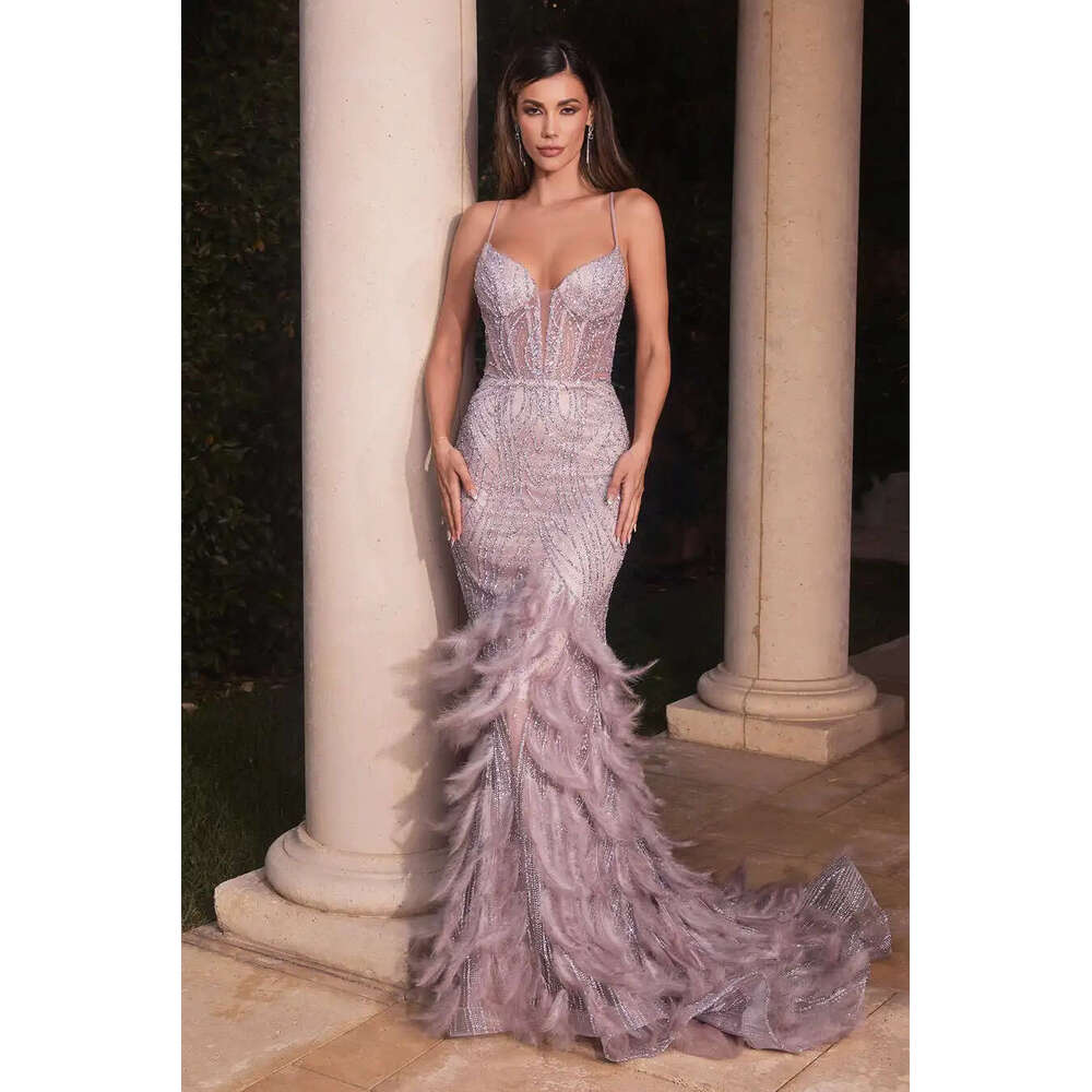 Stylish Celebrity Feather Beaded Sleeveless V Neck Mermaid Dress