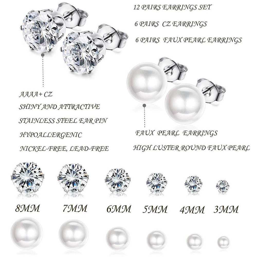 1 pair of stainless steel cubic zirconia pearl ball stud earrings set 3-8mm joint CZ stud earrings W241023