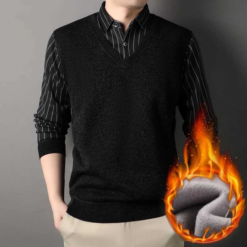 Male FLeece Pullover Mens Collar Sweater Autumn Winter Knitwear Stripe Sweaters Thick Warm KhAKi Korean Clothing LX241024