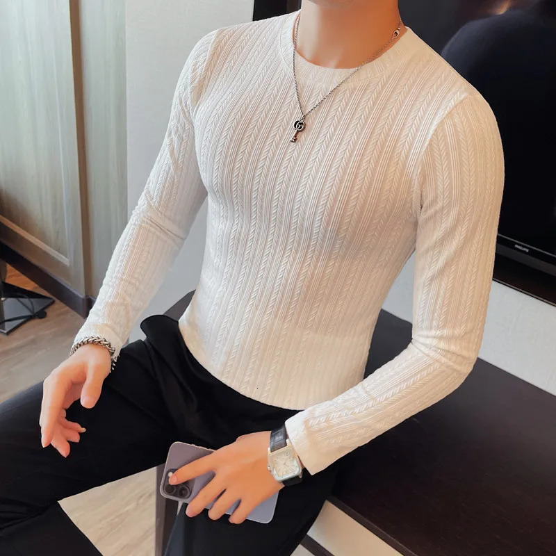 Mens autumn long sleeved casual mens T-shirt fully matched O-neck slim fit elastic T-shirt mens plus size 4XL 241024