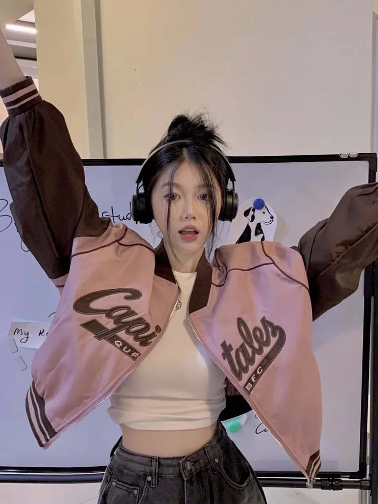 Womens Y2K baseball jacket loose oversized crop bomber jacket womens letter printed sports shirt womens Korean windproof jacket 241024