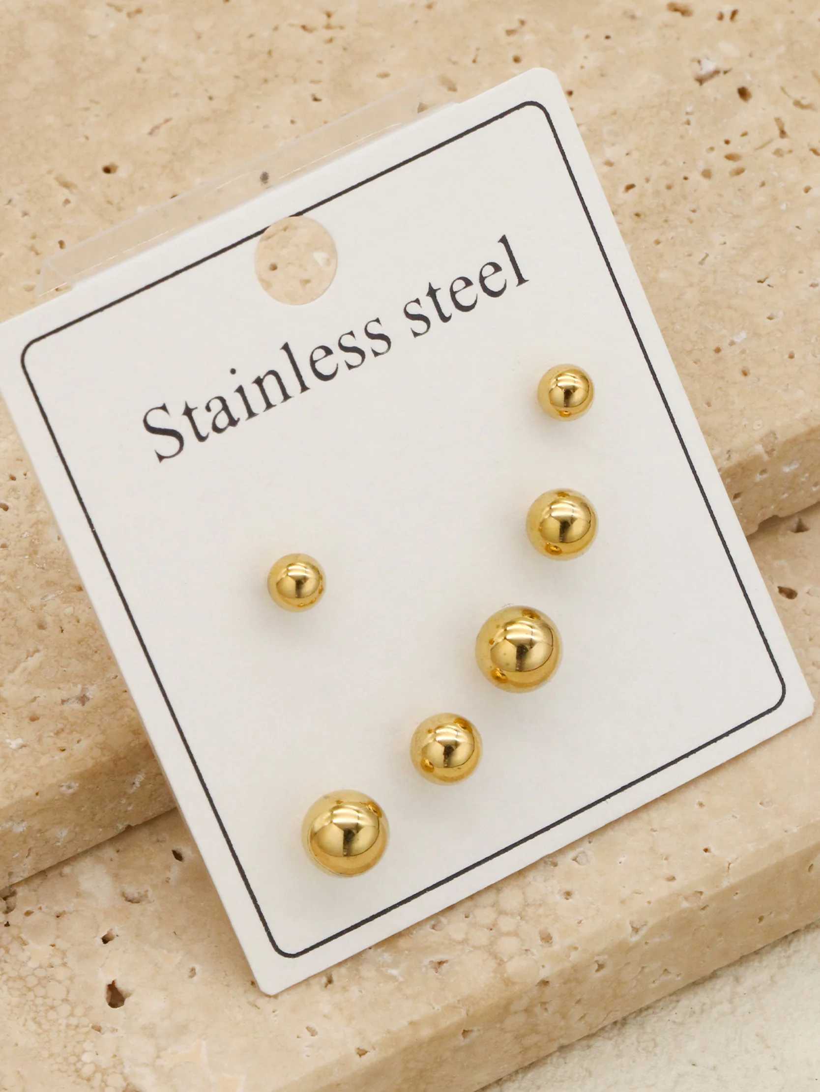 3Pairs/6pcs Golden Ball Earring Advanced Design Sense Stainless Steel Round Bead Earrings for Women Fashion Wholesale Gold ColorX241023