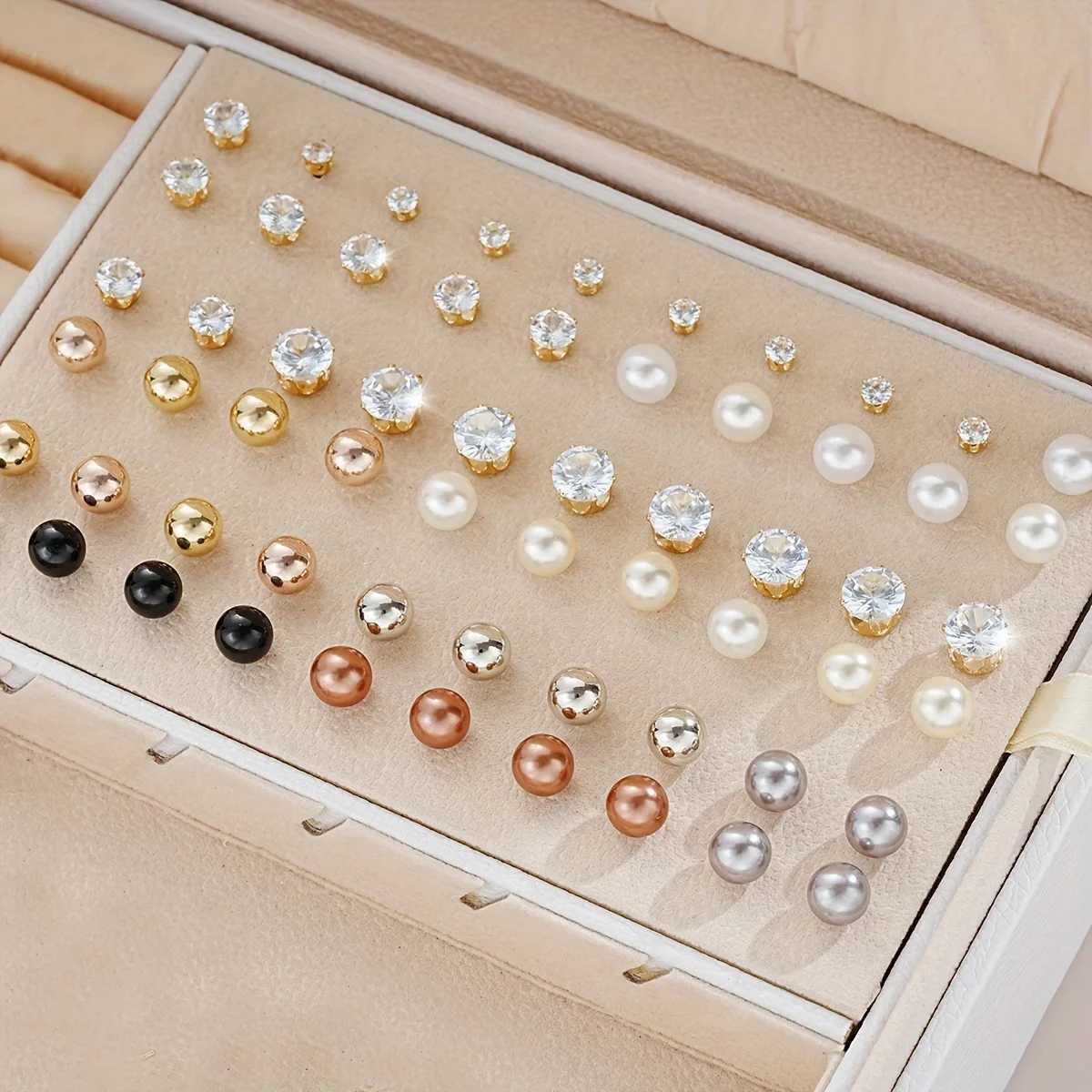 30 pairs of fashionable mini imitation pearl zircon earrings set suitable for women to wear daily clothing fashionable jewelry new 2024 W241023