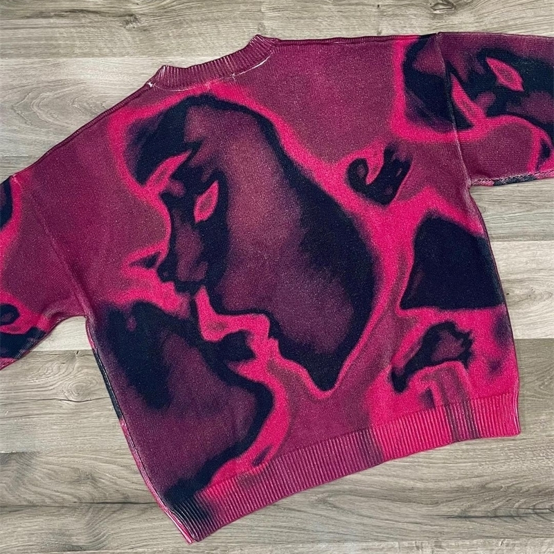 American Street Figure Geometric Printing Loose Harajuku Couple Knitted Sweater Y2k Retro Rose Red Casual Pullover 240930