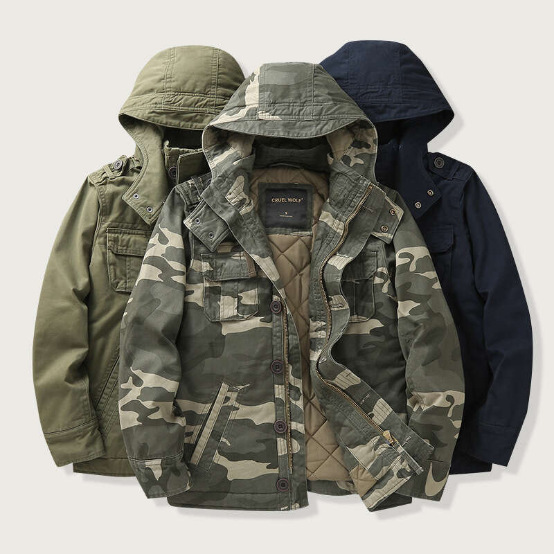 Autumn Winter Thicken Warm Camouflage Cotton Padded Jacket With Hooded Multiple Pockets Workwear Thermal Coats Outdoor For Men