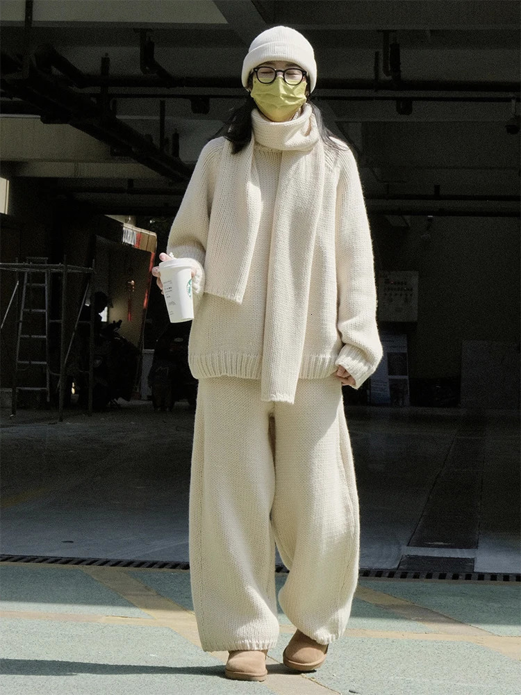 Lanmrem Womens Wide Leg Pants Retro Loose High Waist Elastic Solid Color Knitted Mens Winter Style 2WA140 241024