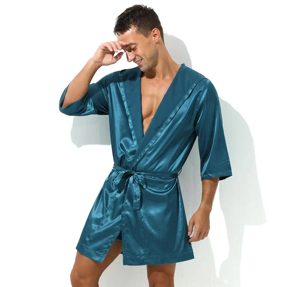 Sexy pajamas mens long robe bathroom soft silk short sleeved pajamas mens pajamas without shorts 241023