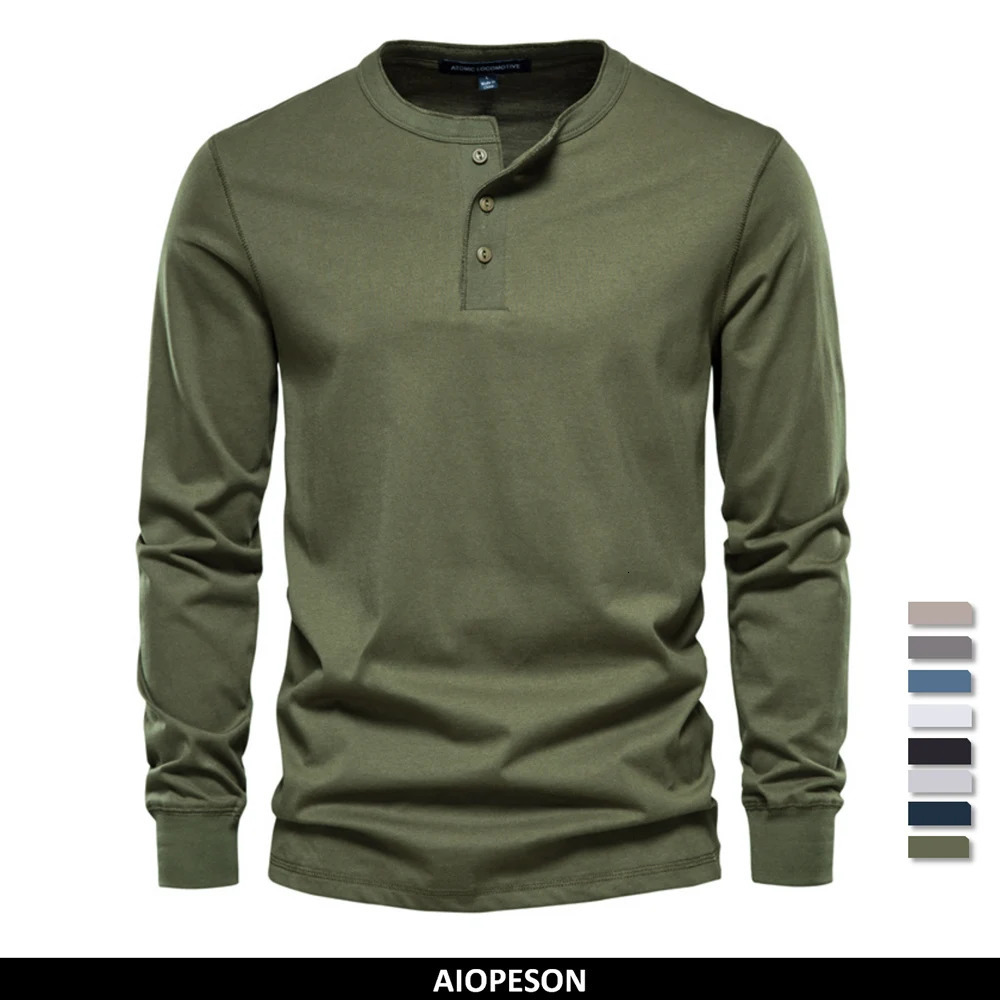 AIOPESON Mens Long Sleeve Button Down T-shirt Autumn Henley Collar Casual High Quality 100% Cotton Crew Collar Mens T-shirt 241024