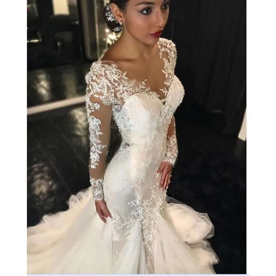 Modern Mermaid Dresses Sexy Long Sleeves Lace Appliques Beaded Sheer Back Plus Size Court Train Custom Wedding Dress Bridal Gowns