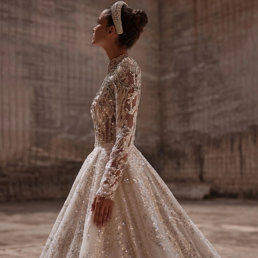 Urious Crystal Wedding Dresses High Neck Sequins Bride Gown A-E Bridal Dress Shiny Long Sleeves Custom Made Sweep Train Vestidos De Novia 0219