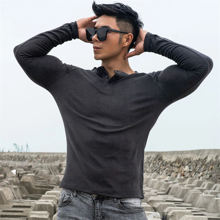 Casual long sleeved cotton T-shirt mens gym fitness exercise slimming T-shirt mens solid T-shirt top sports training clothes 241024