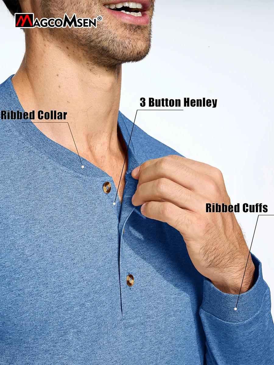 MAGCOMSEN Henley Cotton T-shirt mens long sleeved mens front checkered shirt fashionable Henry collar T-shirt casual retro streetwear 241024