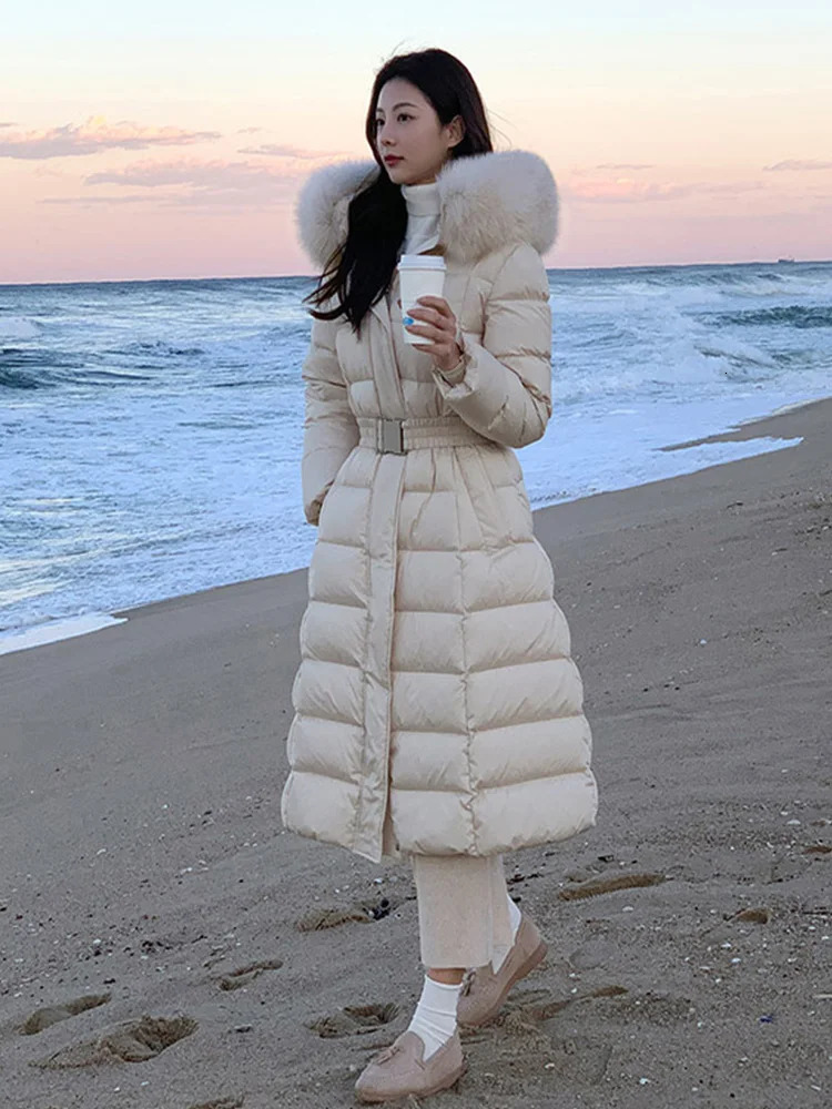 Hooded Winter Womens Big True Fox Fur Collar Duck Down Coat Womens Loose Hooded Warm Buffer Jacket T162 241023