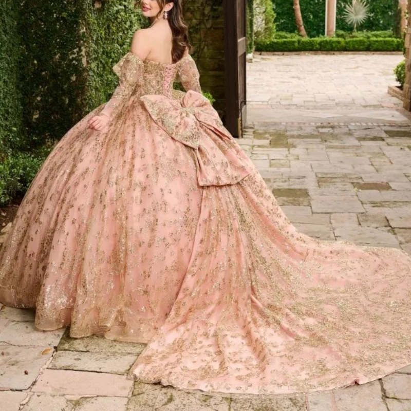 Pink Shiny Ball Gown Quinceanera Dresses Off The Shoulder Gold Sequin Appliques Lace Bow Tull Sweet 16 Years Birthday Party Vestidos De 15 Anos