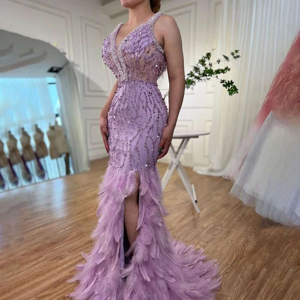 Exquisite V-Neck Feather Evening Fashion Beads Sequined Mermaid Party Gowns Side Slit Sweep Train Prom Dresses