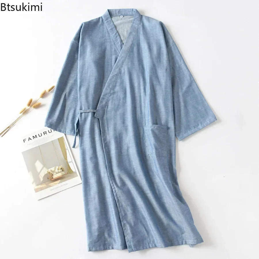 Mens Casual Cotton Thread Sleepwear Solid Soft Sleepwear Mens Bathrobe Japanese Kimono Cotton Night Light Home Mens Wear 241023