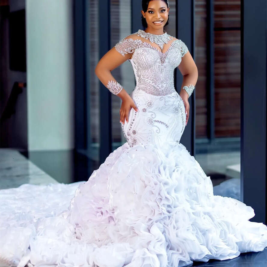 2024 Plus Size White Mermaid Wedding Dresses Lace Organza Tiers Bridal Gowns