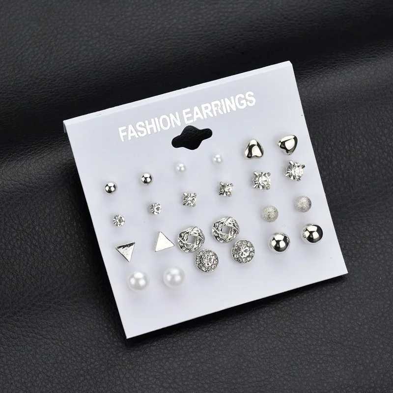 12 Pair/set Fashion Women Square Crystal Heart Stud Earrings For Women Piercing Simulated Pearl Earrings Pendientes BijouxX241023