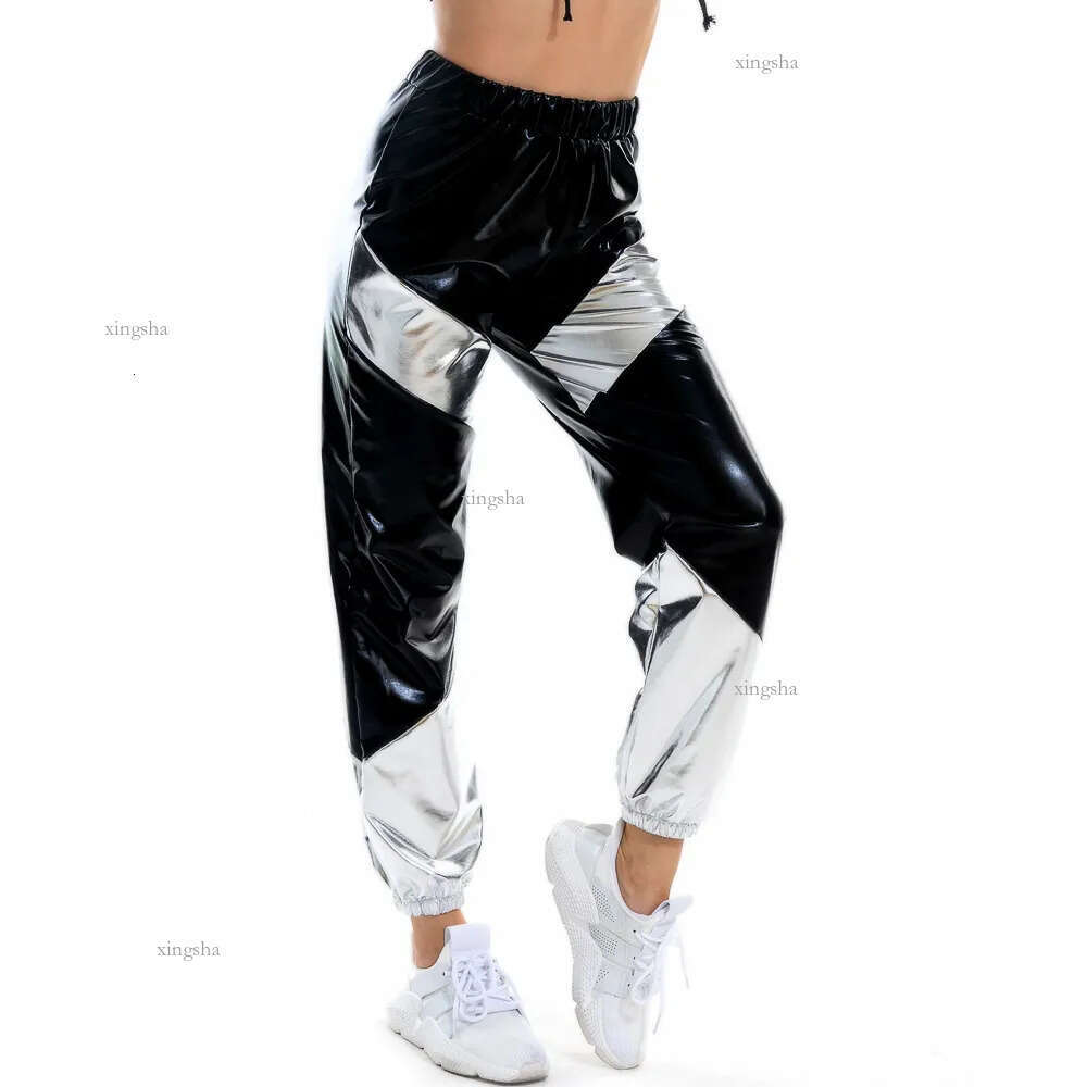 Women Reflective Long Pants with Pockets High Waist Loose Holographic Patchwork Trousers Club Dance Jogger Pants Clubwear LJ201130