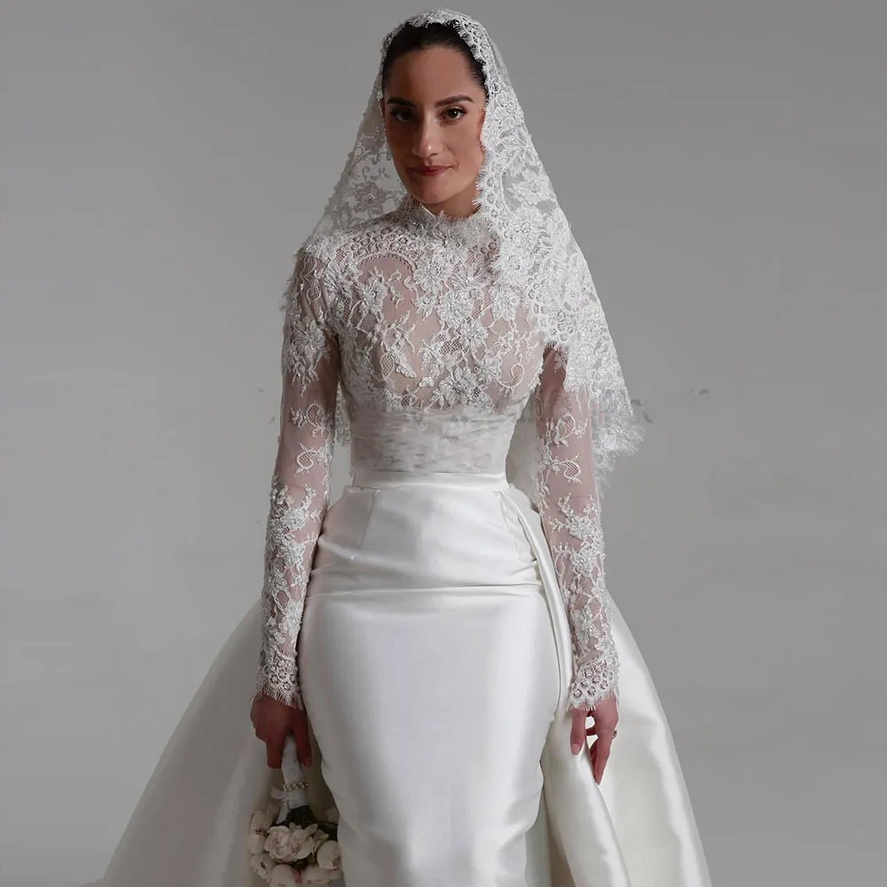 Modern Sheath Wedding Dresses With Detachable Train Lace Long Sleeves Illusion High Neck Satin Elegant Bridal Gown Custom Made 2025 Vestido De Novia