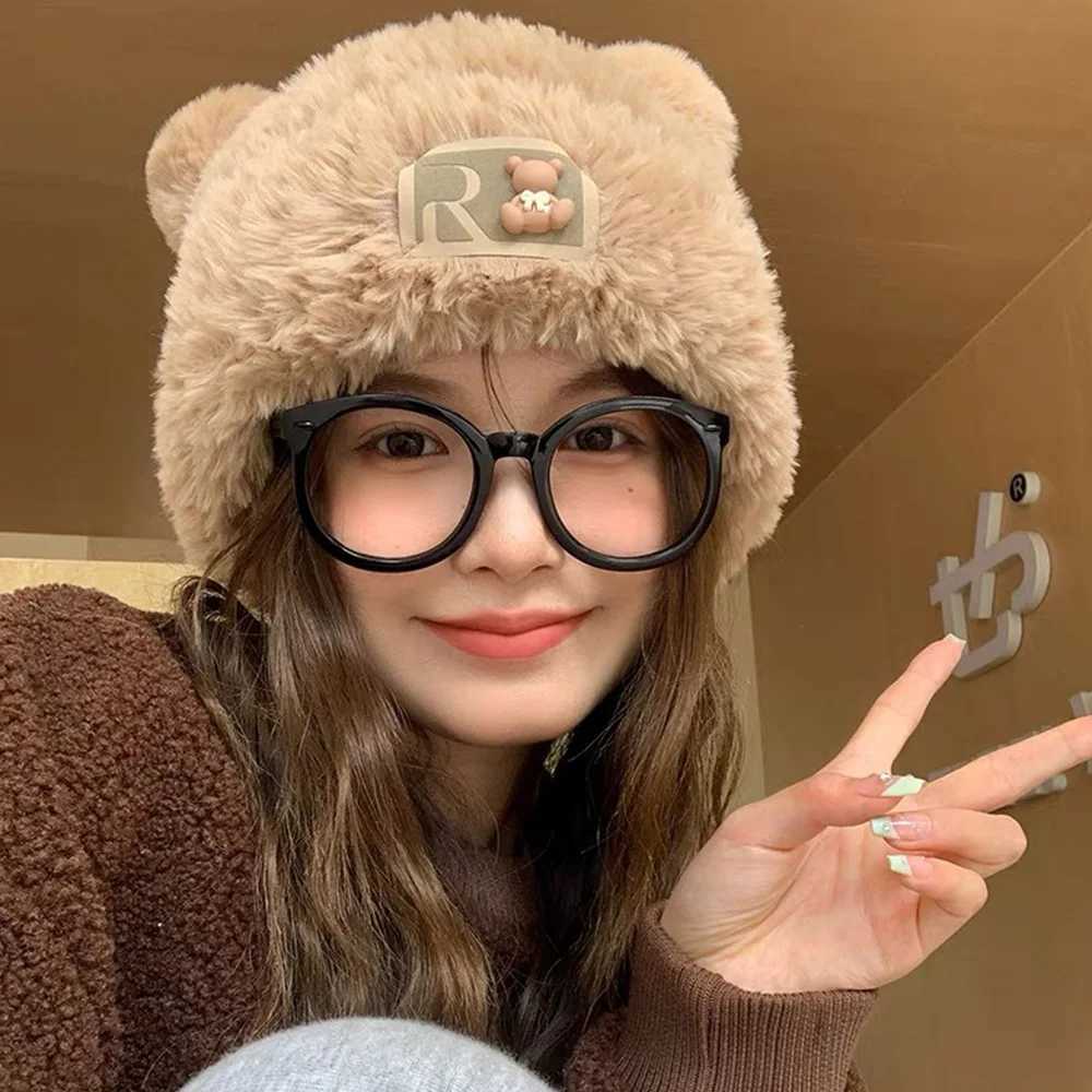 New ear protection plush hat plush cute bear bean hat wool warm hat X241023