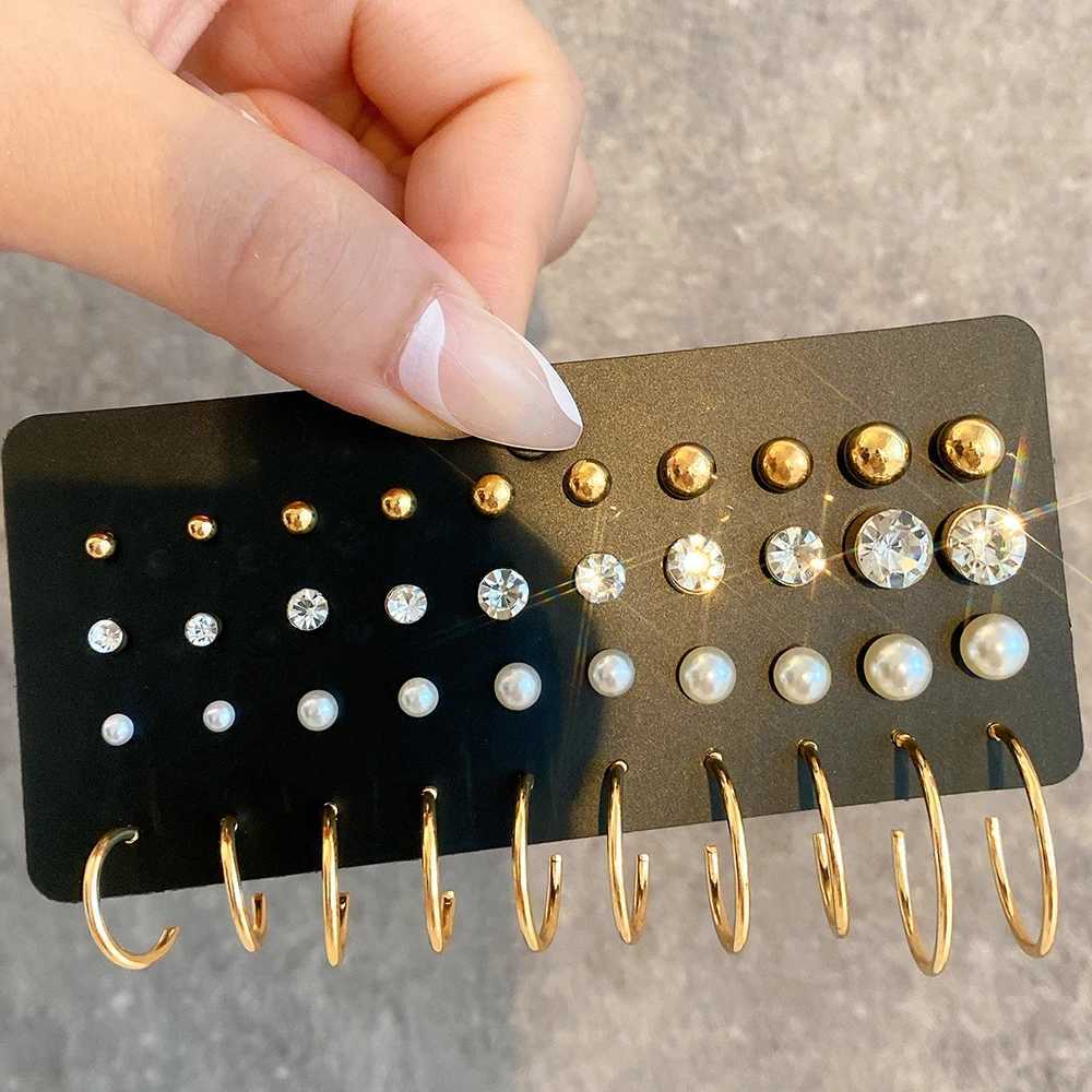 Fashion classic womens simple small stud earrings gold crystal rhinestone pearls set of 20 pairs of earrings jewelry W241023