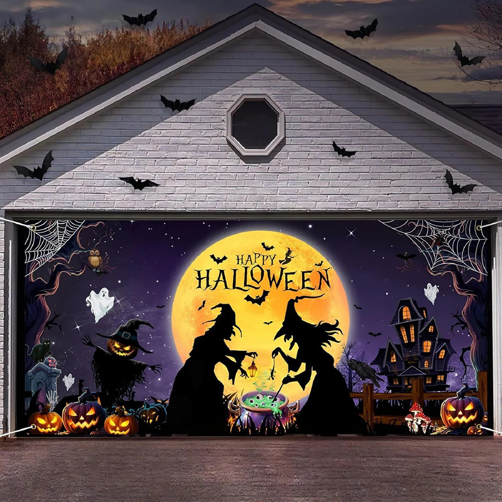Halloween garage door banner haunted house pumpkin bloody hands Christmas gnome banner wall background decoration curtains 241023