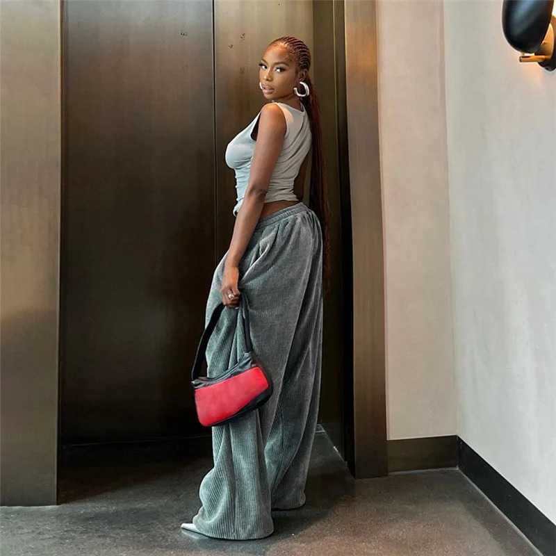 Casual womens Y2K wide leg Corduroy womens pants hip-hop loose basic pocket high waisted pants 241023