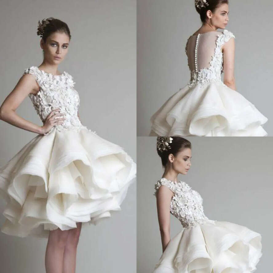 Krikor Jabotian Short Wedding Dresses Lace 3D Ral Appliques Tiered Tulle Ruffle A E Ball Gown Empire Country Bridal Gowns Plus Size