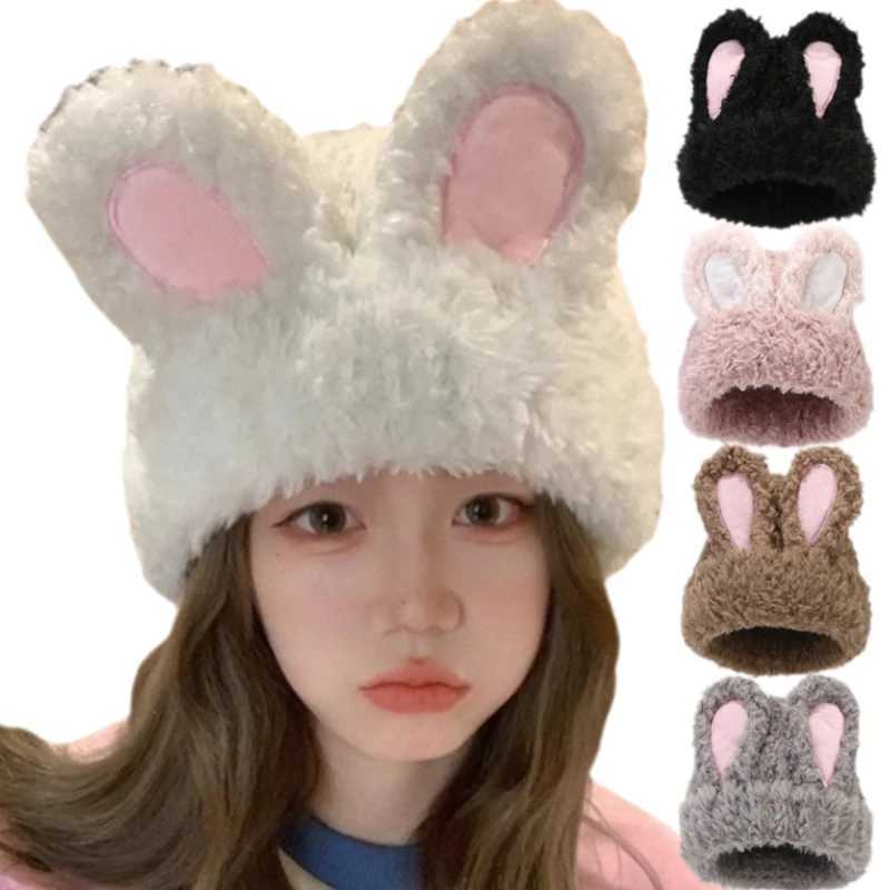 Y2k Rabbit Ear Woolen Hat Cute Girl Winter Beaver Plow Hat Warm Lolita Thick Warm Fun Party Photos Wool Hat X2410231