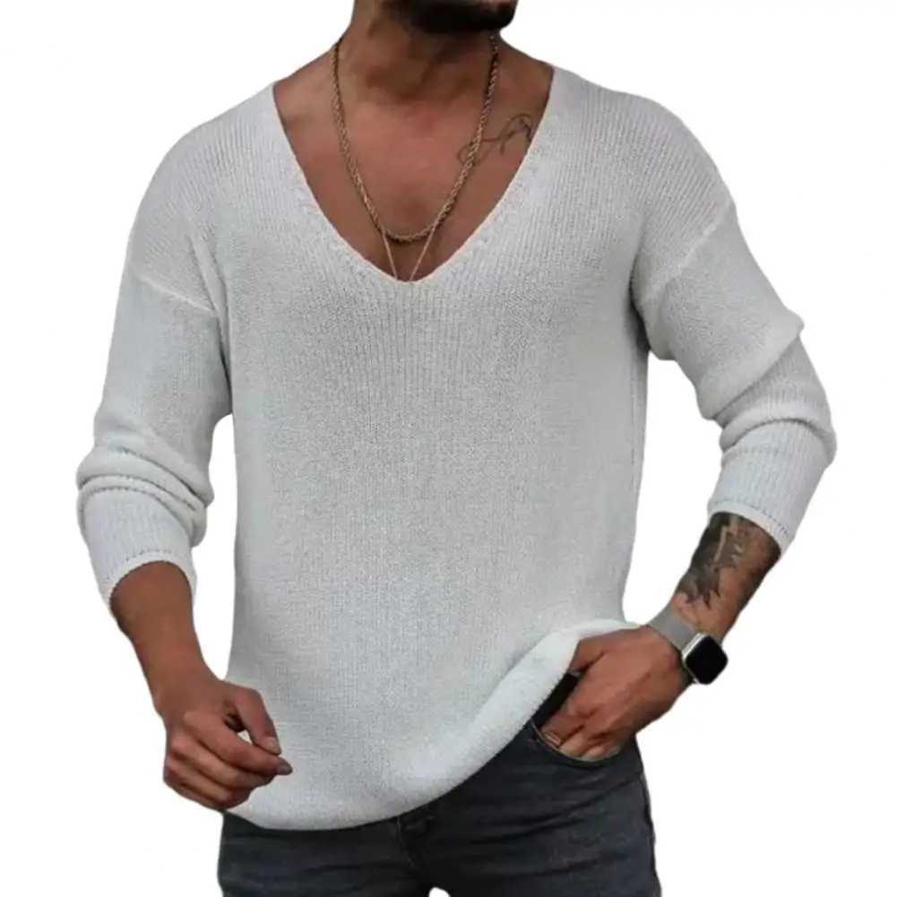 Men Spring Autumn V-neck Long Sleeve Sweater Loose Fit Solid Color Bottoming Pullover Tops Simple Casual Knitting Tee Tops LX241024