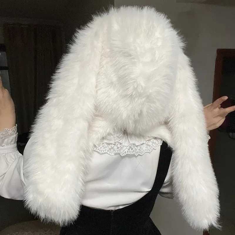Bonnie Bunny White Plush Rabbit Ear Hat Winter Cute Warm Balaclava Scarf Integrated Neck Protection Hat Beanies X241023