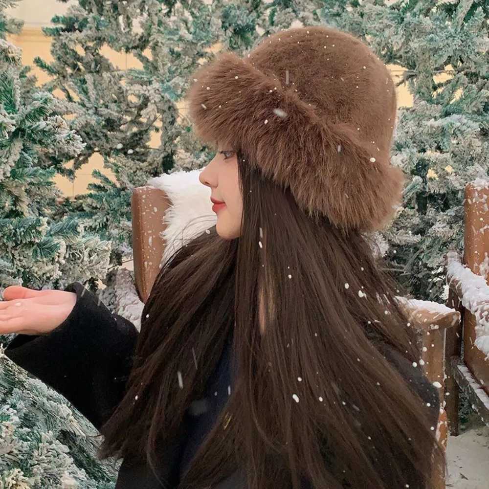 New hot fluffy fur bucket hat thick plush fishermans hat snow ear protection beret Christmas gift X241023