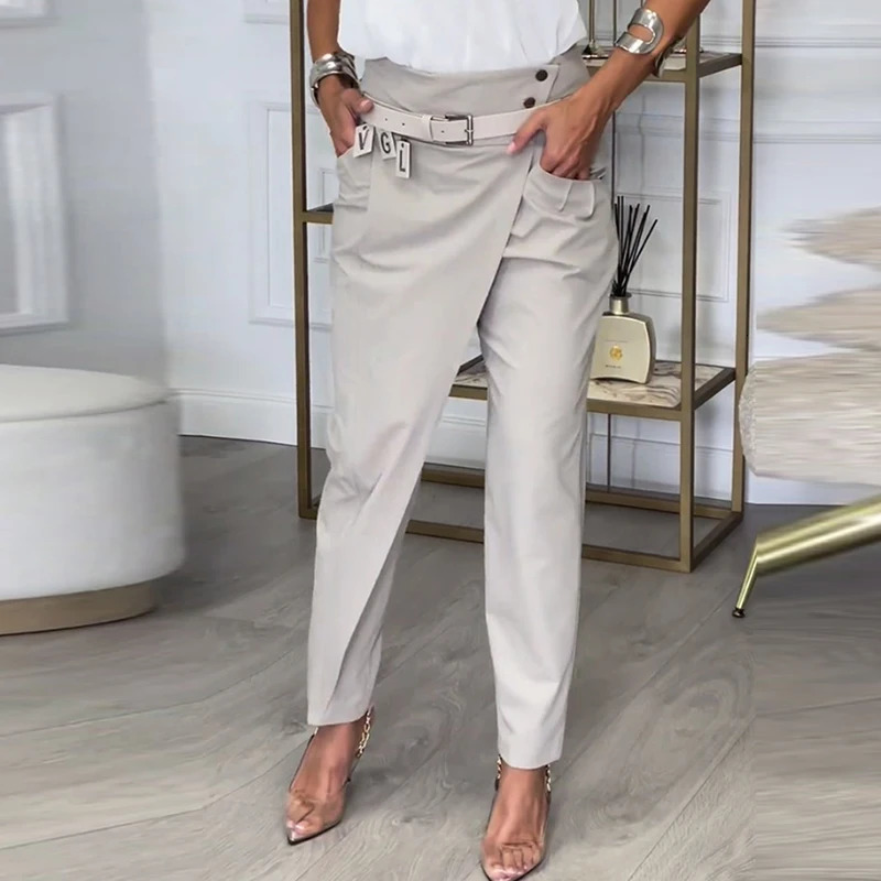 Fashionable Womens Street Commuters Autumn Irregular Solid Color Ultra Thin Pants Womens Casual Button Pocket Pants 241023