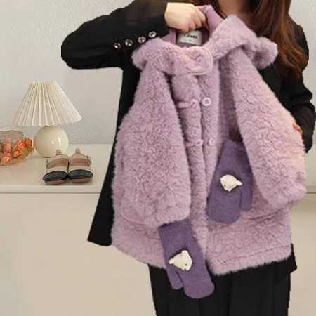 Autumn winter children wool coats solid bear ear prints baby jackets wool synthetic fur warm little girls long coat gloves W241023