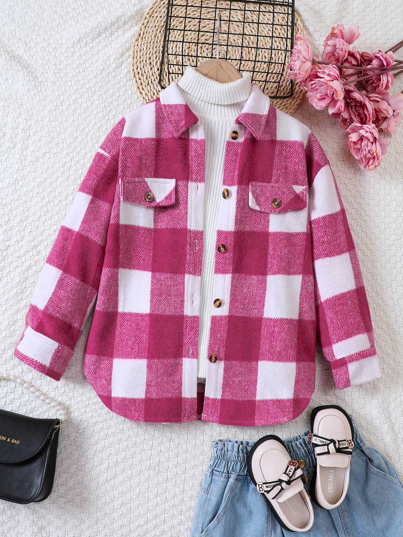 New casual thick plaid wool long jacket for girls in autumn and winter W241023