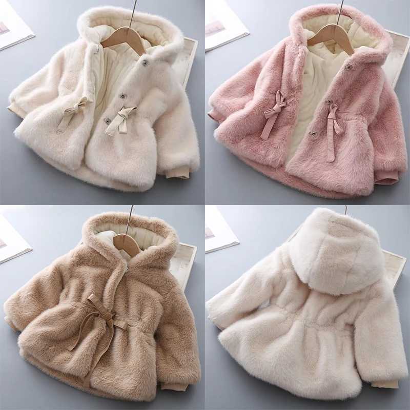 2-9T Winter Childrens Coat Autumn Solid Color Warm Artificial Fur Hooded Cardigan Girls Childrens Princess Coat Plush Clothing W241023