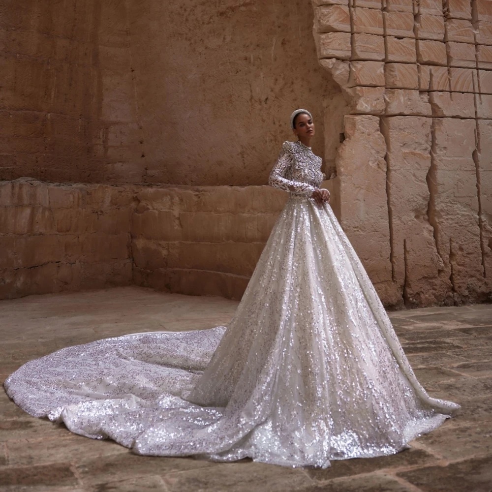 Urious Crystal Wedding Dresses High Neck Sequins Bride Gown A-E Bridal Dress Shiny Long Sleeves Custom Made Sweep Train Vestidos De Novia 0219