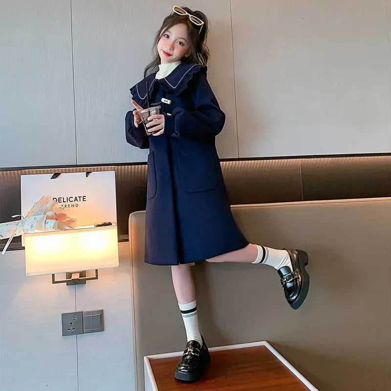Womens wool coat windproof jacket 2024 navy blue warm and thick winter cotton coat plus size childrens clothing W241023